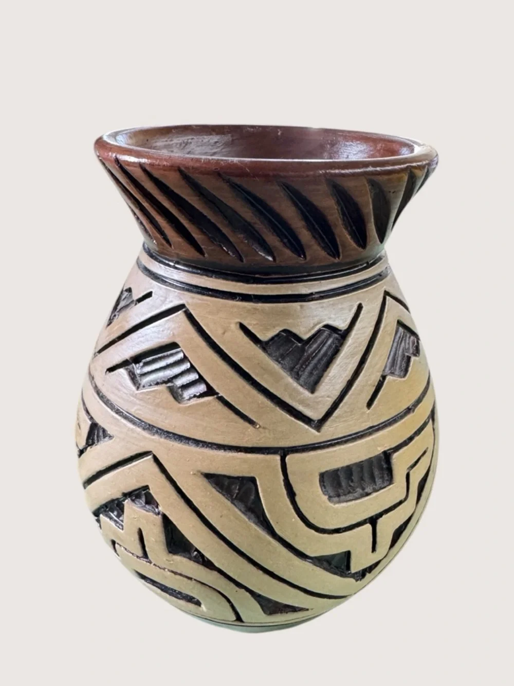 Hand Carved Mexican Redware Pottery Vase Tribal Marajoara Style Boho Decor